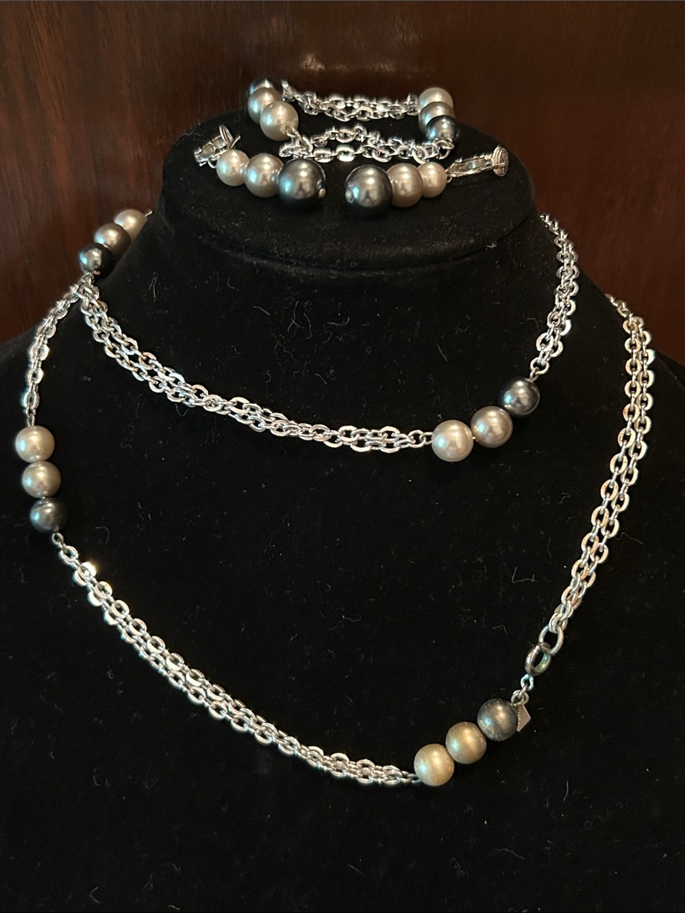 Silver-Tone & Gray Pearls Multi-Strand Necklace, Bracelet & Earring Set